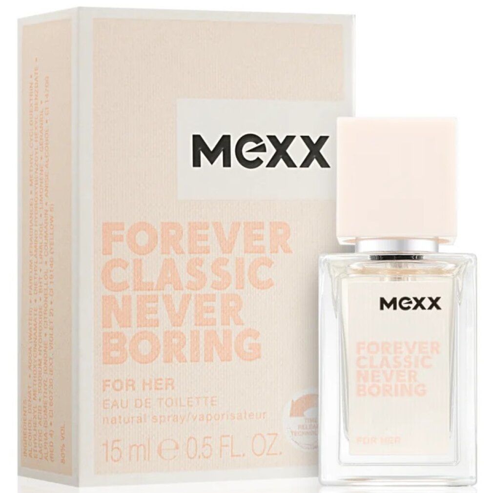 Flakon und Verpackung. Aufschrift: MEXX, Forever Classic Never Boring, For Her, Eau de Toilette.