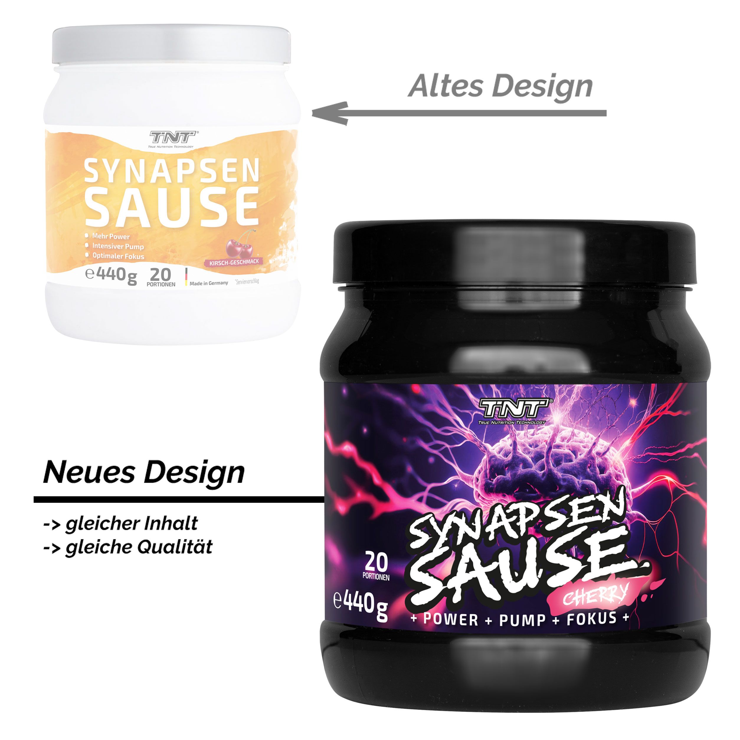 Vergleich: Altes Design (weißes Glas) und neues Design (schwarzes Glas) mit lila Etikett. Text: SYNAPSEN SAUSE, 20 Portionen, e440g.