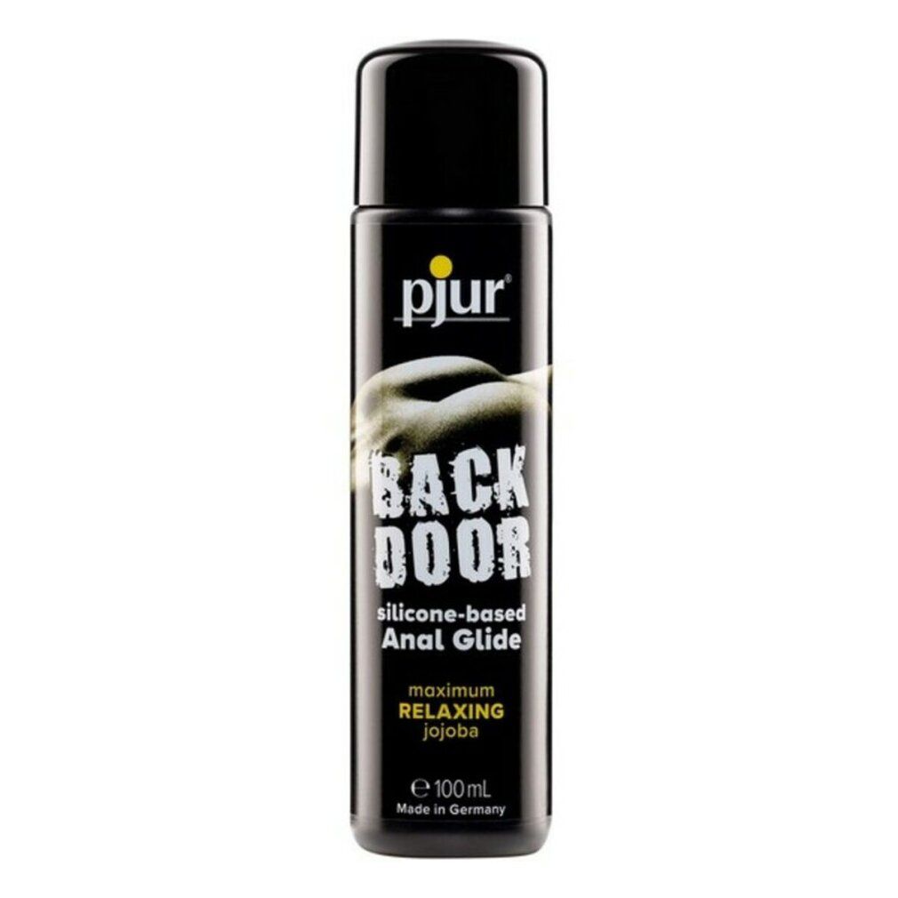 Schwarze Flasche mit gelbem Logo. Aufschrift: BACK DOOR, Silicone-based Anal Glide, maximum relaxing jojoba.