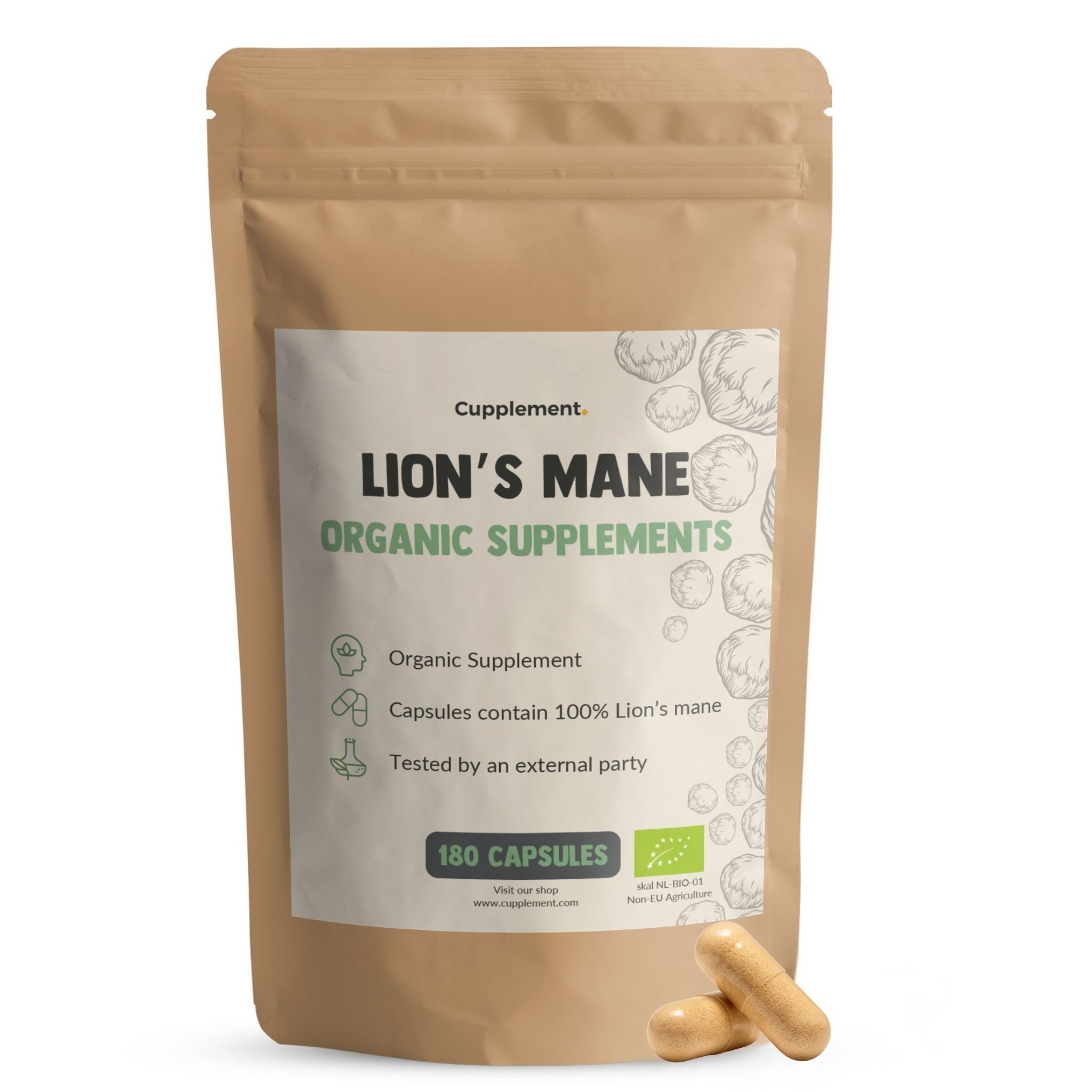 Braune Tüte mit Kapseln. Aufschrift: Lion's Mane Organic Supplements. 180 Kapseln. Zertifizierung.