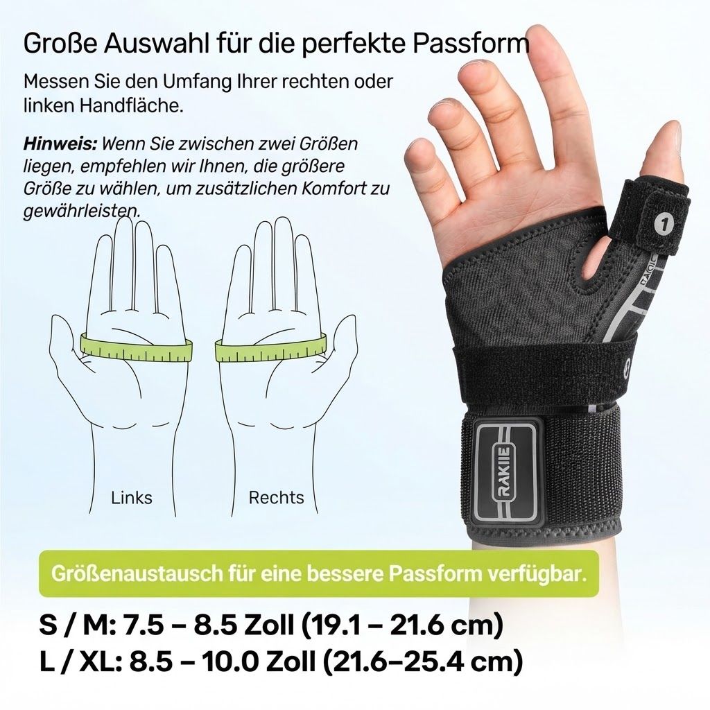 Handgelenkbandage mit Größenangabe S/M (19.1-21.6 cm) und L/XL (21.6-25.4 cm).