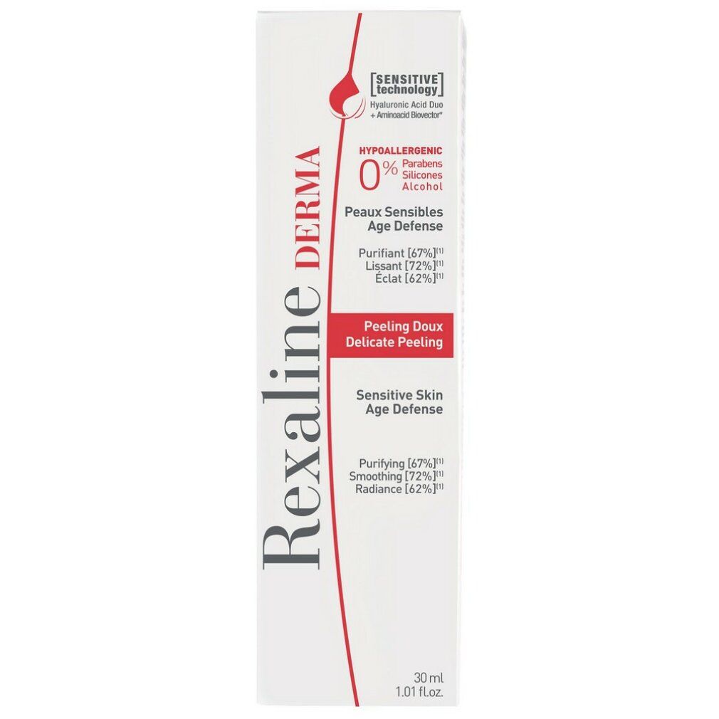 Kartonverpackung mit Aufschrift: Rexaline Derma. Für empfindliche Haut. Hypoallergen. Peeling Doux. Age Defense. 30 ml.