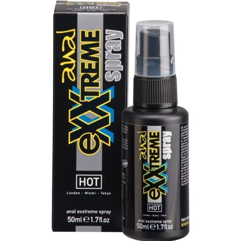 Schwarze Flasche und Verpackung mit Produktnamen und Logo. Sprühkopf. Text: HOT, anal exxtreme spray, 50ml e1.7 fl.oz.
