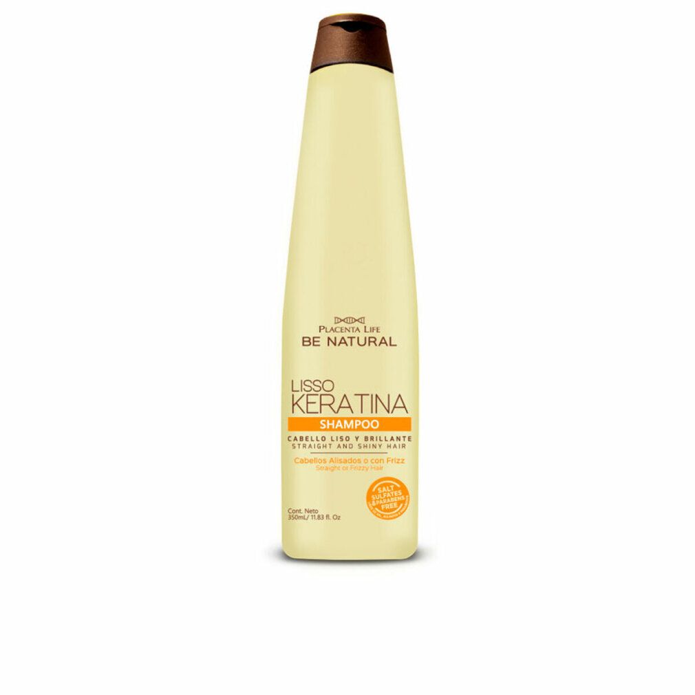 Beige Shampoo-Flasche mit braunem Deckel. Aufschrift: Lisso Keratina Shampoo. Orangefarbenes Etikett.