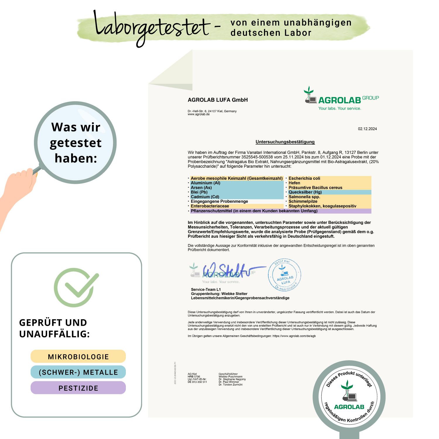 Zertifikat mit Testergebnissen. Geprüft auf Mikrobiologie, Schwermetalle und Pestizide. Logo: AGROLAB GROUP. Text: Geprüft und unauffällig.
