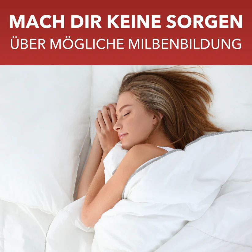 Schlafende Frau im Bett. Text: Mach dir keine Sorgen über mögliche Milbenbildung.