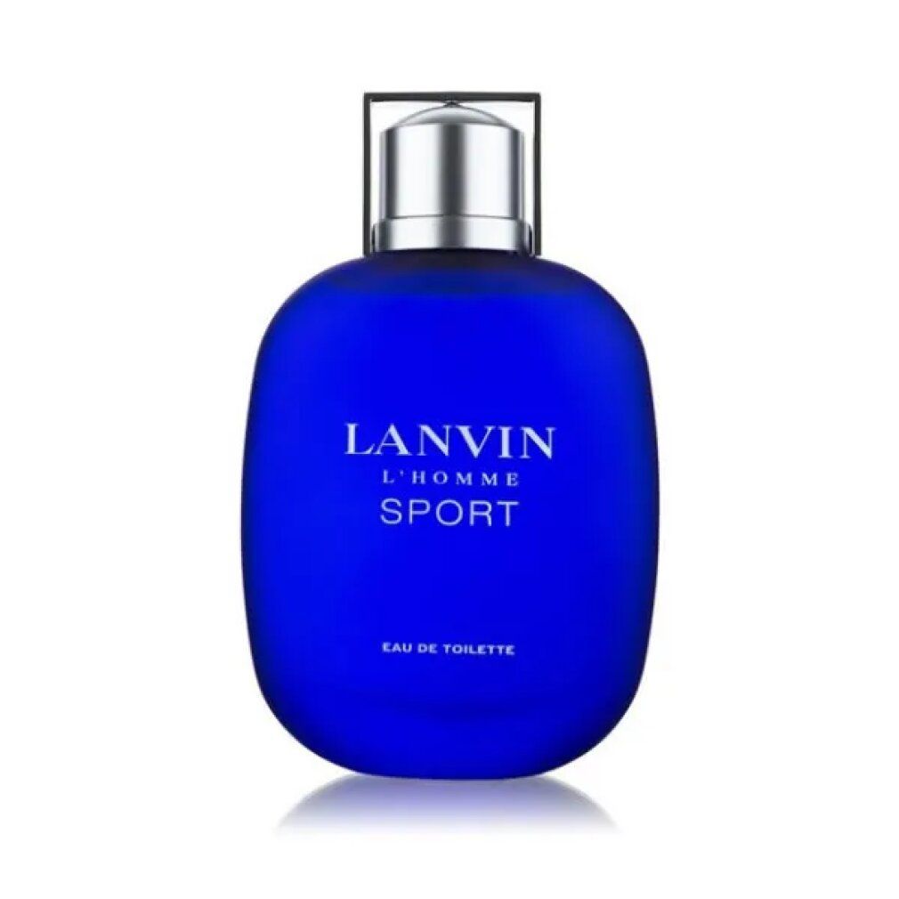 Blaues Parfümflakon mit silbernem Deckel. Aufschrift: LANVIN L'HOMME SPORT. Eau de Toilette.