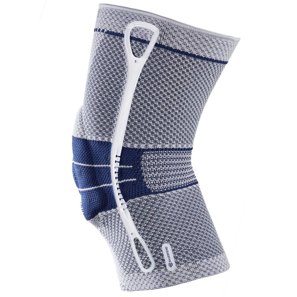 Kniebandage, grau-blau. Mesh-Gewebe, blaue Bandage. Mit Anziehhilfe. Logo.