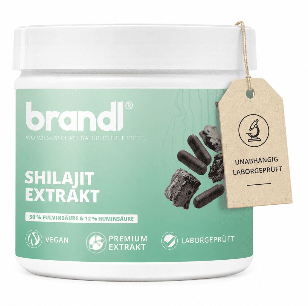 Brandl Shilajit Kapseln: 50% Fulvinsäure, 12% Huminsäure, vegan, laborgeprüft.
