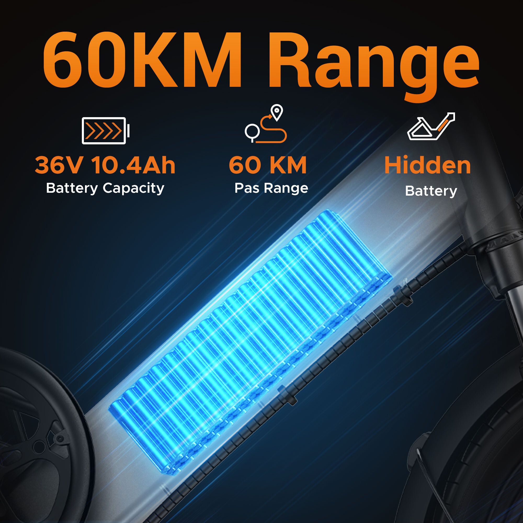 Grafik mit Text: 60KM Reichweite. Batteriekapazität 36V 10,4Ah. 60 KM Reichweite. Versteckte Batterie.
