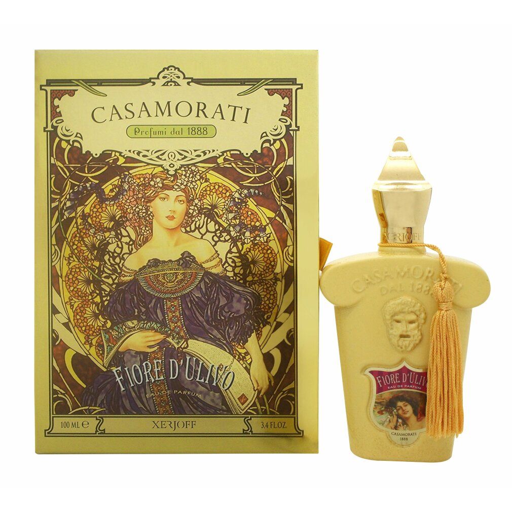 Parfümflakon und -verpackung. Flakon beige, goldener Verschluss, Quaste. Verpackung gold, Aufschrift Casamorati.