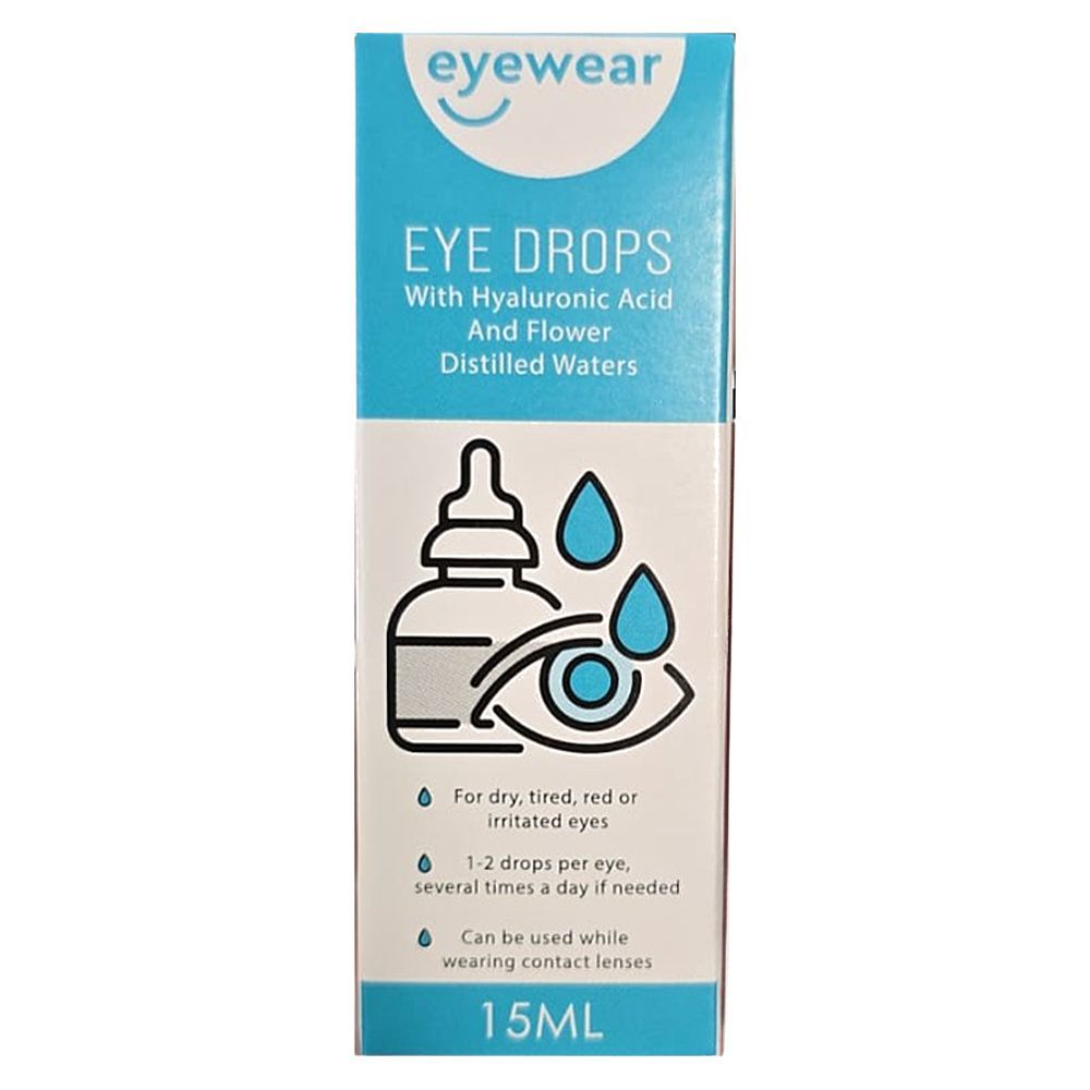 Schachtel mit Augentropfen. Blaue und weiße Verpackung. Text: "eye wear EYE DROPS". Enthält Hyaluronsäure und Blütenwasser. 15ml. Illustrationen.