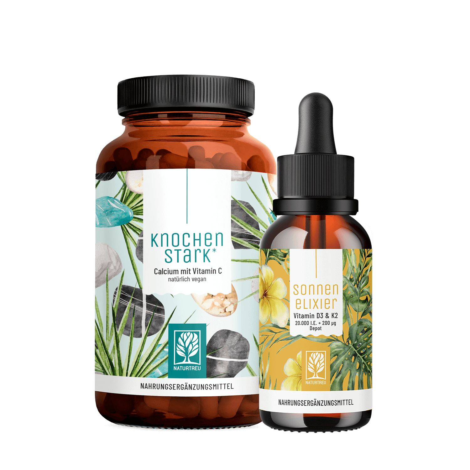 Braune Flasche und Glas mit Etiketten. Aufschrift: KNOCHENSTARK und SONNENELIXIER. Nahrungsergänzungsmittel.