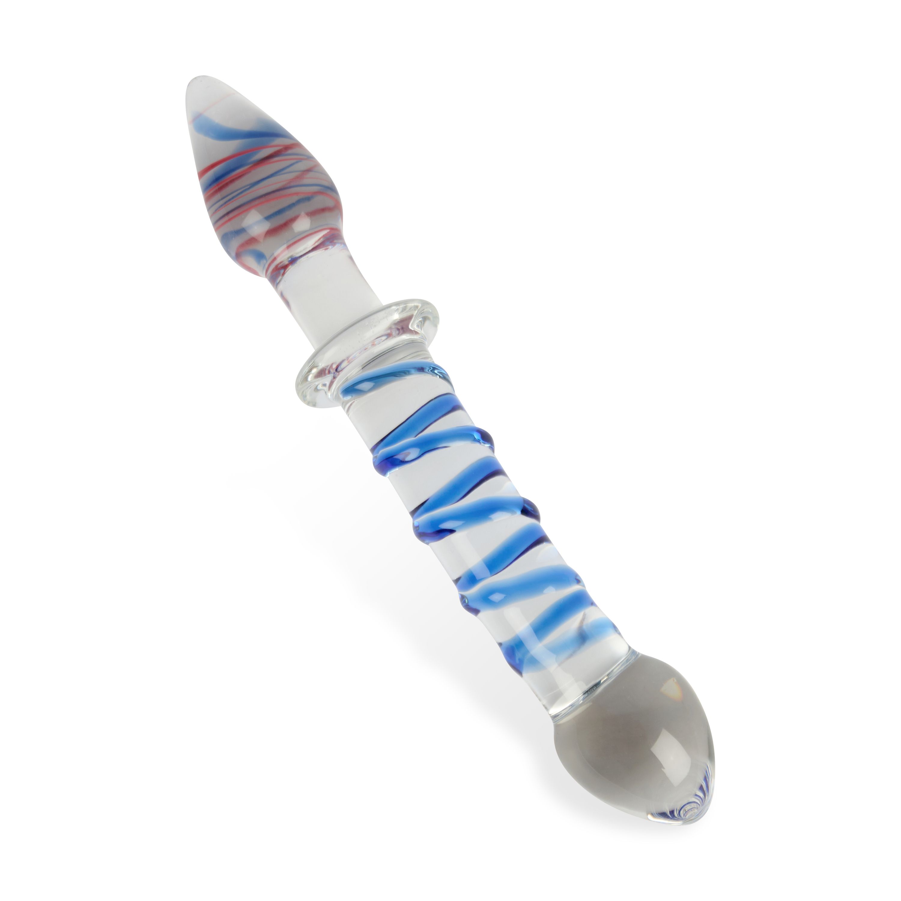Glas-Anal-Stimulator mit blau-weißer Spirale und rotem Akzent. Klares Glas, abgerundete Enden. Detailansicht.