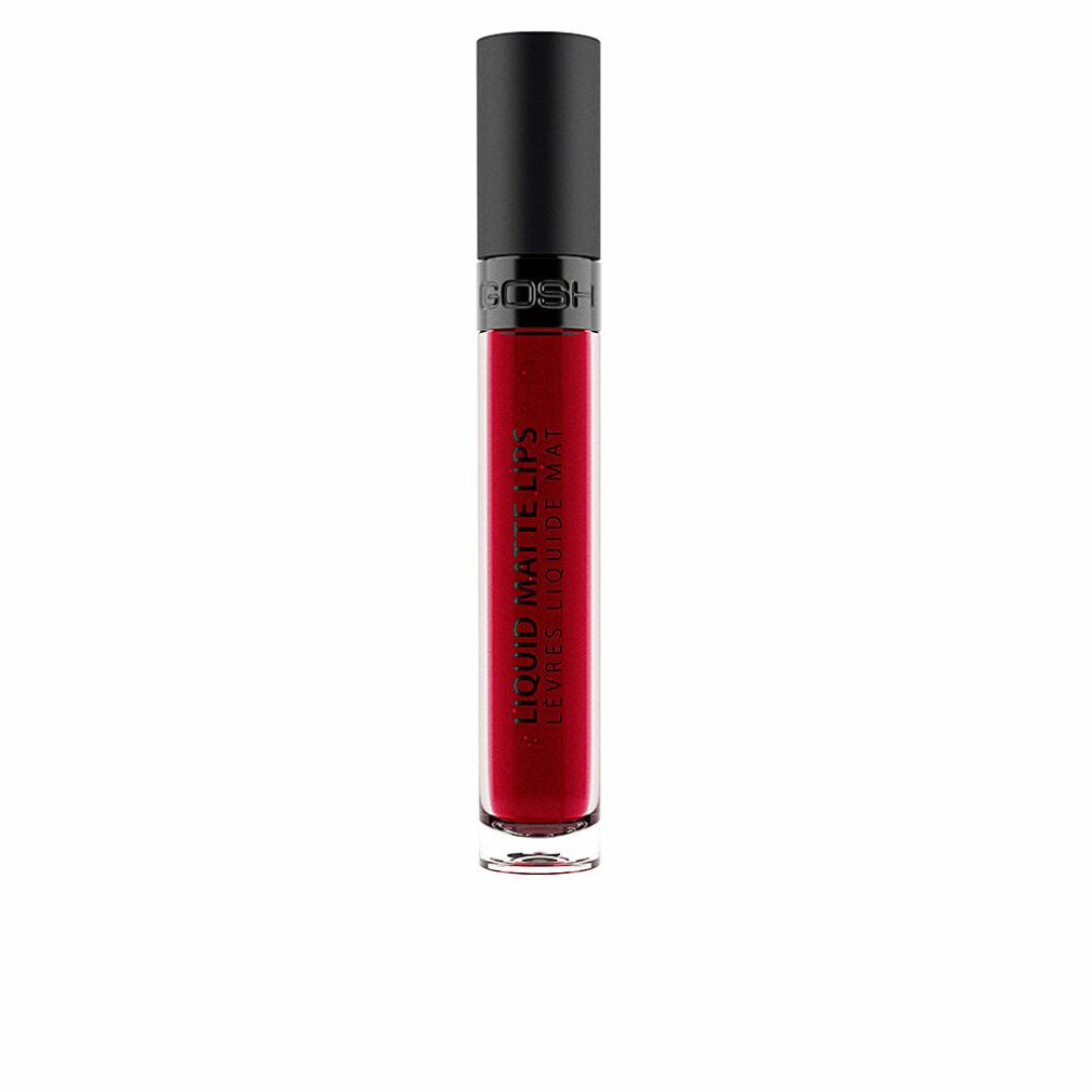 Gosh Liquid Matte Lips, rote Farbe. Geschlossene Flasche mit schwarzem Deckel. Transparente Flasche, roter Inhalt. Text: Liquid Matte Lips.