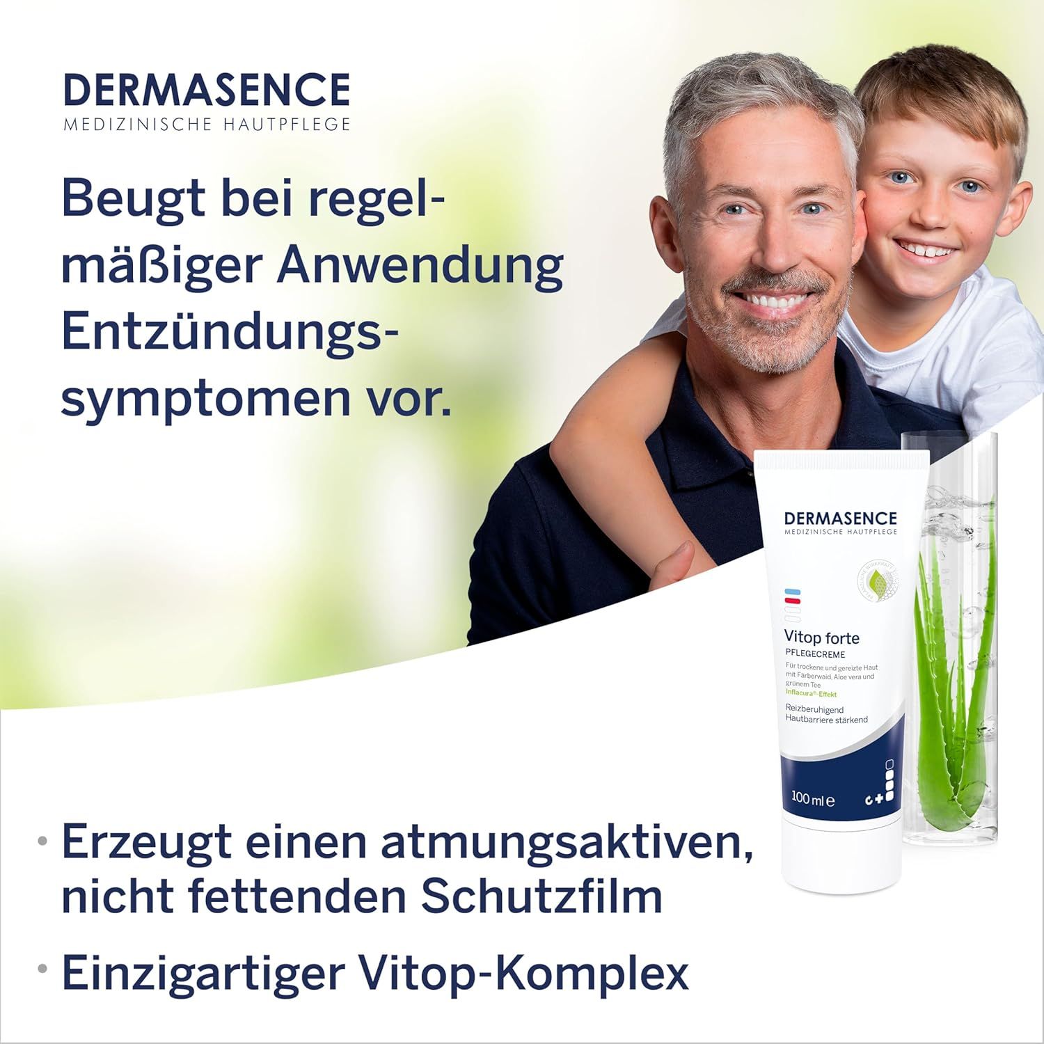 Mann und Kind lächeln. DERMASENCE Vitop forte Pflegecreme Tube und Aloe Vera. Text: Beugt Entzündungssymptomen vor.