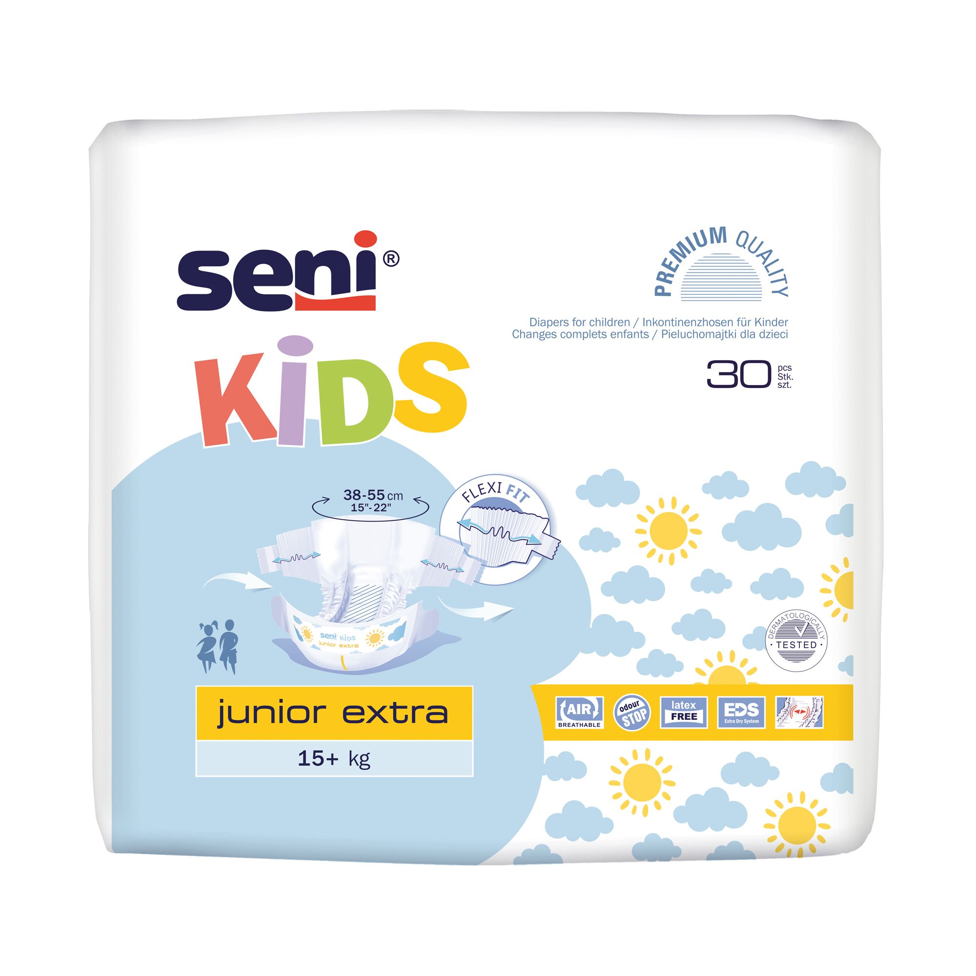 Seni Kids Junior Extra Windeln, 30 Stück, 15+ kg. Mit Flexi Fit und AIR-Technologie.