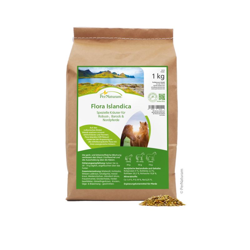 Beutel mit Produkt Flora Islandica. Aufdruck: Logo, Produktname, 1 kg. Grün-weiße Produktinformationen. Brauner Beutel mit Kräutern.