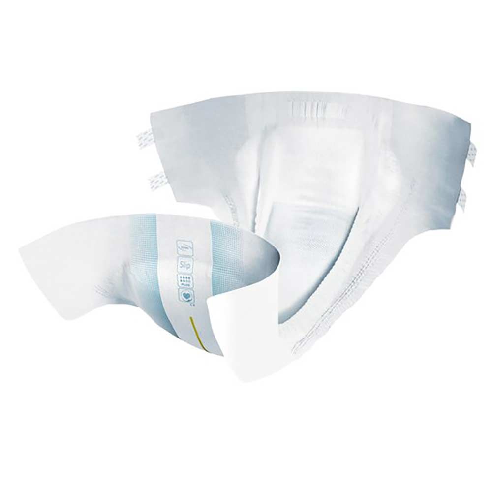 Offene TENA ProSkin Slip Windel. Weiß mit blauen Akzenten. Zeigt die Innenseite und die Befestigungselemente.