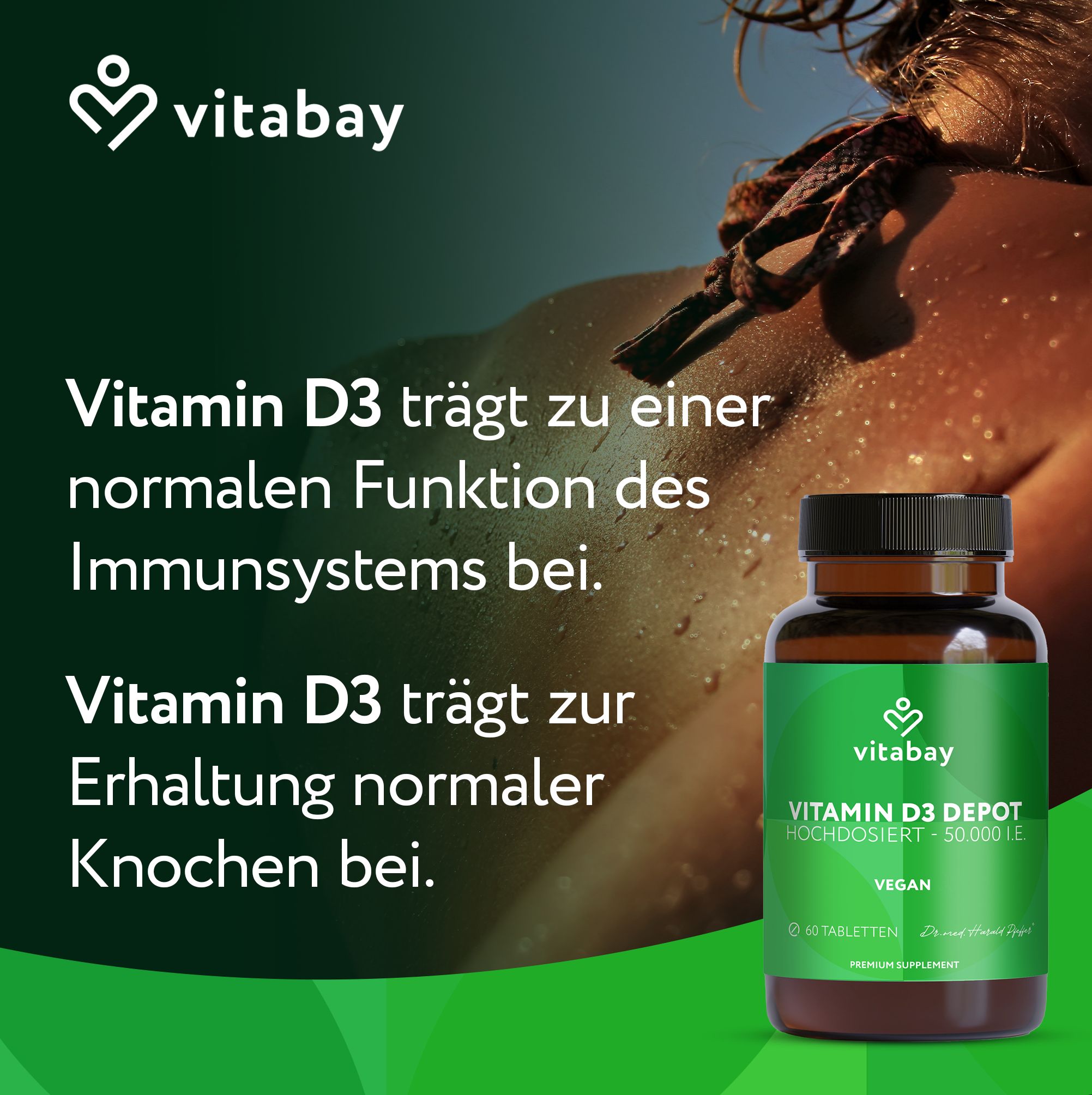 Vitabay Vitamin D3 trägt zu normalen Immunsystem und Knochen bei.