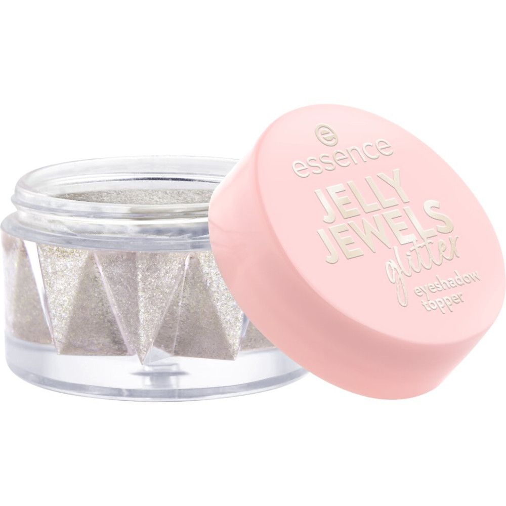 Essence Jelly Jewels Glitter Lidschatten-Topper in einem transparenten Glas mit rosa Deckel. Der Deckel ist geöffnet.