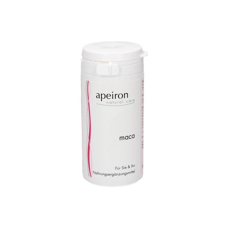 Weiße Dose mit Deckel. Aufschrift: apeiron natural care, maca. Rosa Linie verläuft vertikal. Nahrungsergänzungsmittel.