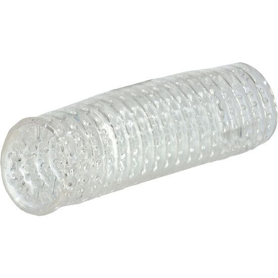 Zylindrisches Produkt aus transparentem Silikon mit Noppen. Geformt für die Hand. Oberflächenstruktur mit kleinen Erhebungen.