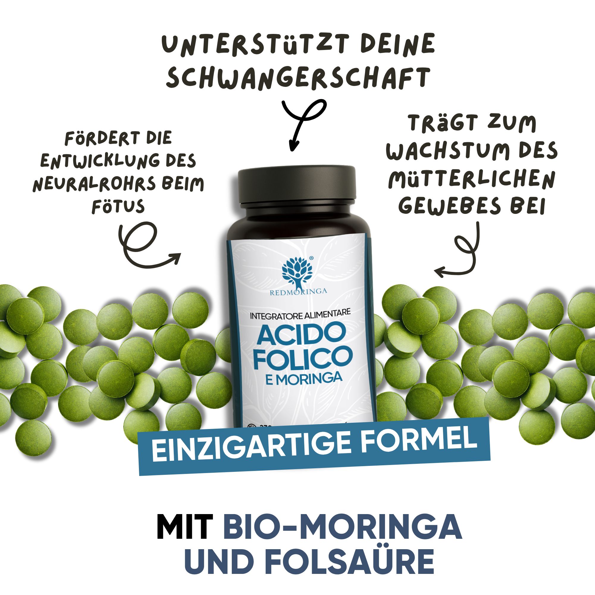Flasche mit Folsäure und Moringa, umgeben von grünen Kapseln. Text: Einzigartige Formel mit Bio-Moringa und Folsäure.