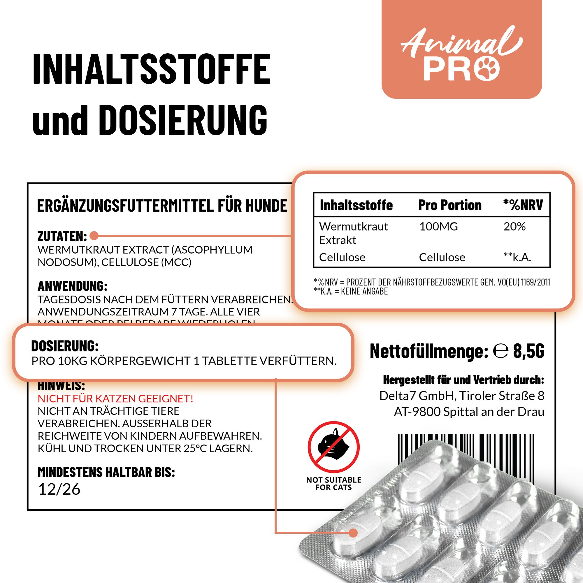 Informationen zu Inhaltsstoffen und Dosierung von "Wormwood" Tabletten für Hunde.