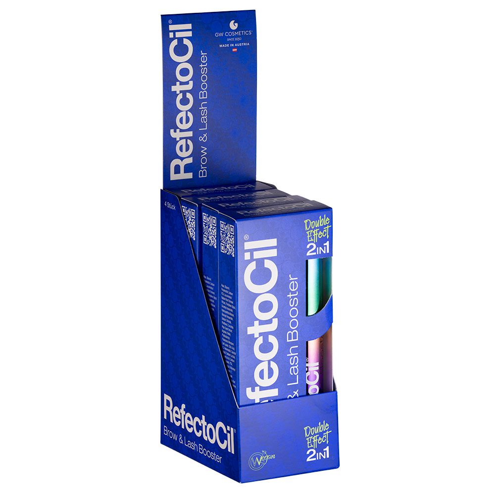 Display mit blauen Verpackungen für Lash & Brow Booster. Text: Refectocil Brow & Lash Booster.