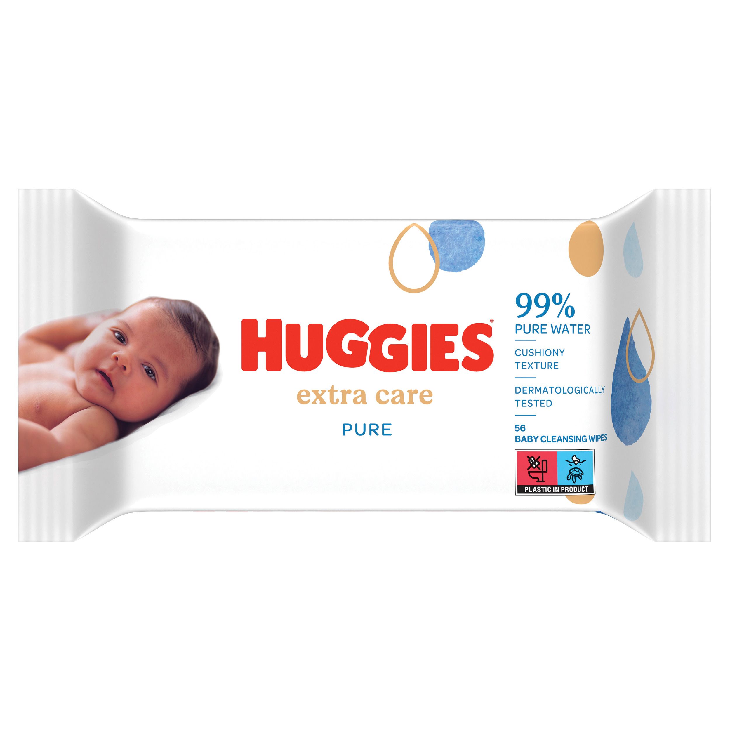 HUGGIES 'extra care PURE' Feuchttücher-Packung. Baby auf der Verpackung. 99% Wasser, dermatologisch getestet. Plastik-Symbol.