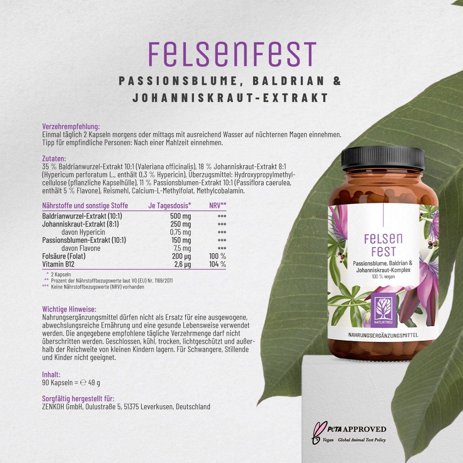 Braune Flasche "FELSENFEST" mit Kapseln. Auf dem Etikett steht "Passionsblume, Baldrian & Johanniskraut". PETA-Logo und Text.