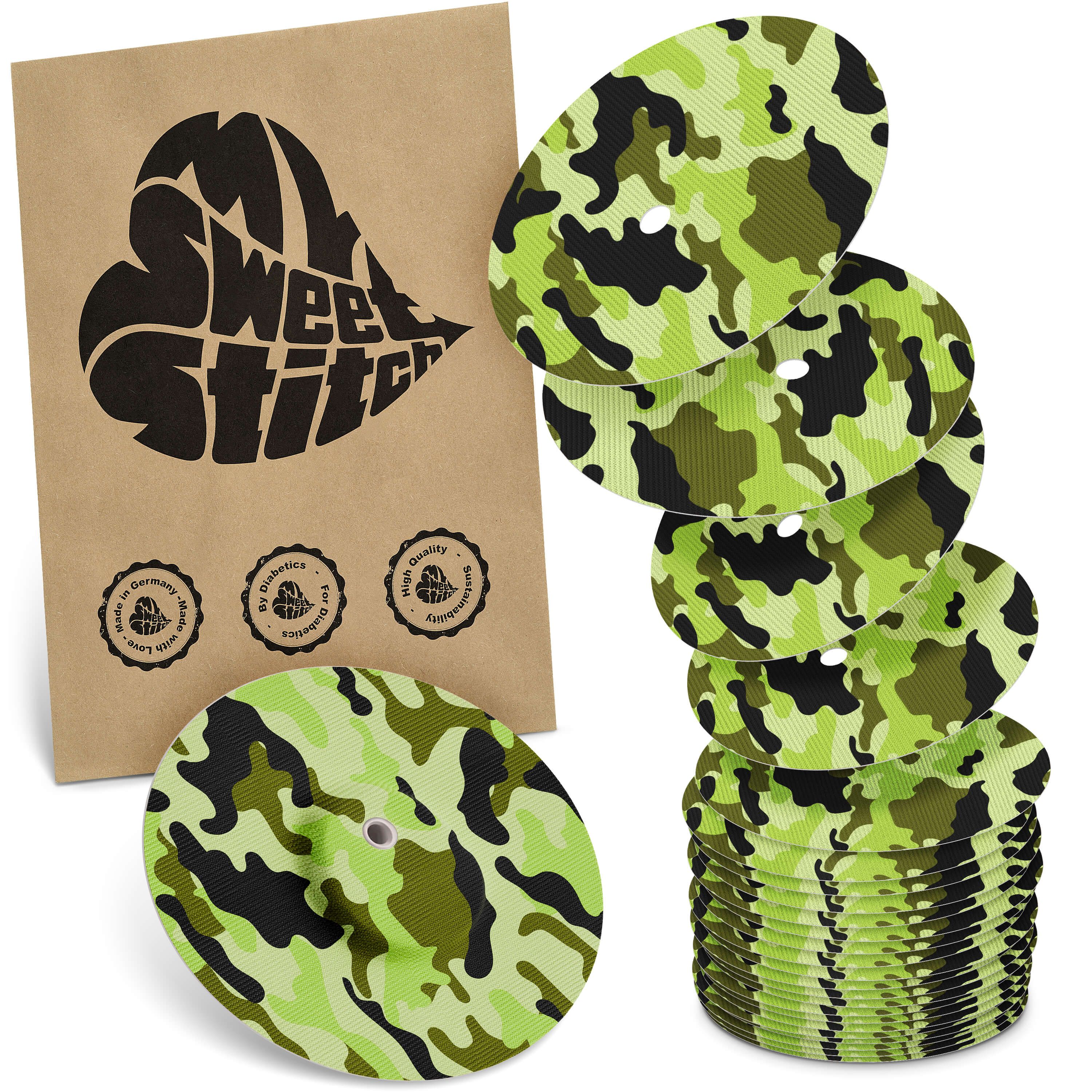 Packung mit runden Aufklebern mit Tarnmuster. Auf der Verpackung steht "MySweetStitch".