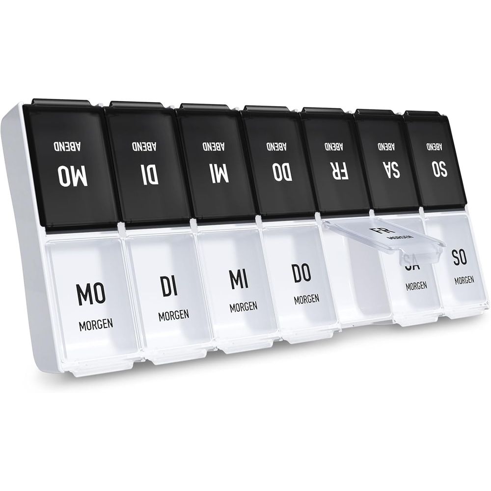 7-Tage Pillendose mit Fächern für Morgen und Abend.