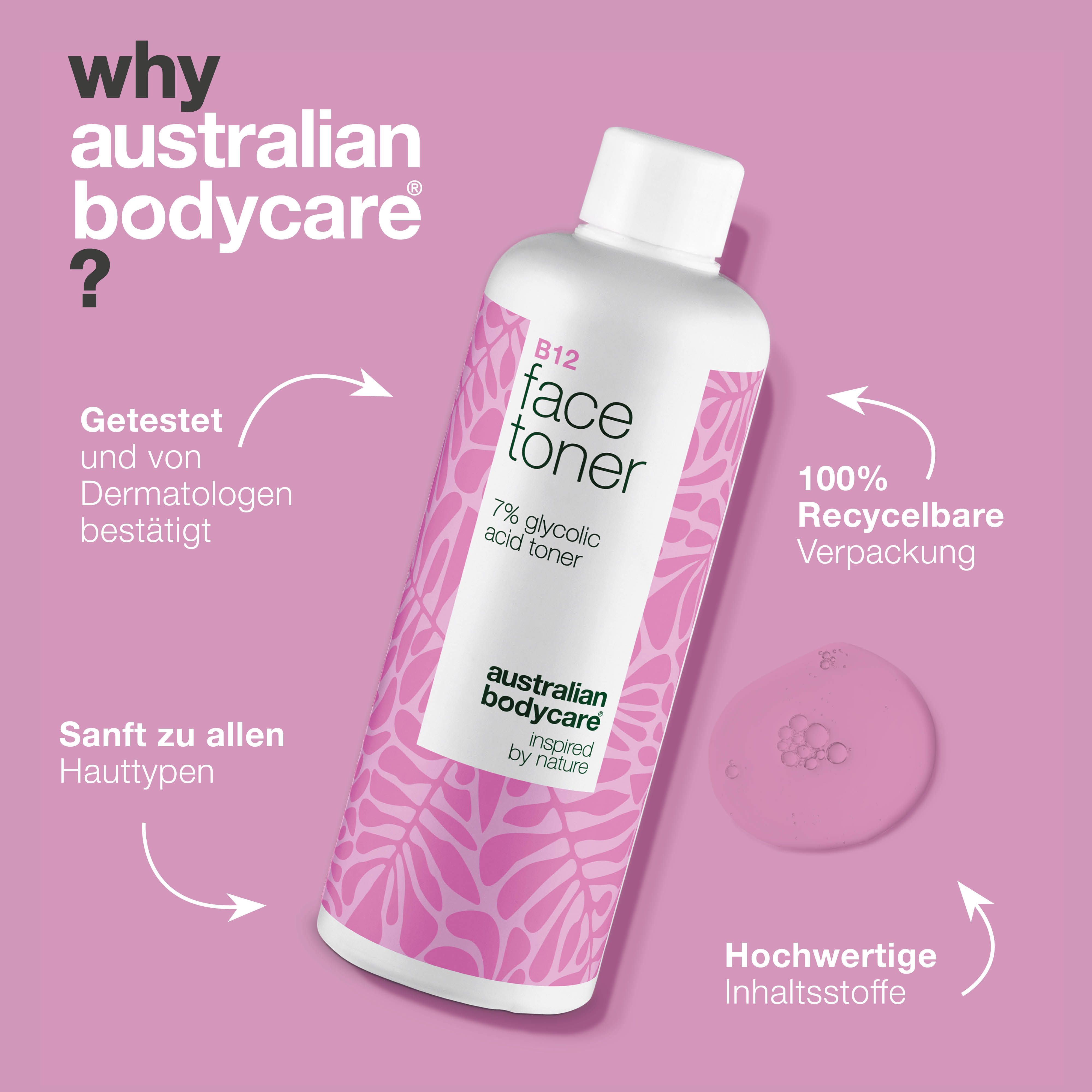 Produktflasche mit Text und Pfeilen. Text: 'Why Australian Bodycare?'. Gesichtswasser mit B12 und 7% Glykolsäure.