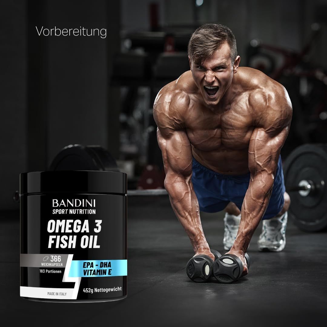 Bandini Omega 3 Fischöl Dose mit 366 Weichkapseln, EPA-DHA, Vitamin E. 452g Nettogewicht.