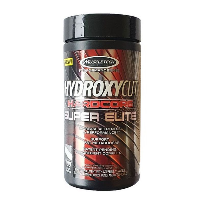 Schwarze Dose mit roter und silberner Beschriftung. Enthält Muscletech Hydroxycut Hardcore SUPER Elite. Enthält 100 Kapseln.