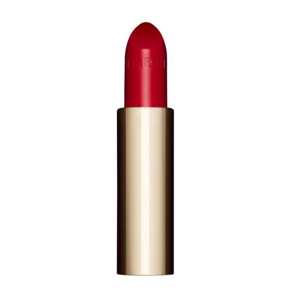 Roter Lippenstift in goldener Hülse. Spitze des Stifts sichtbar. Aufschrift auf dem Lippenstift.