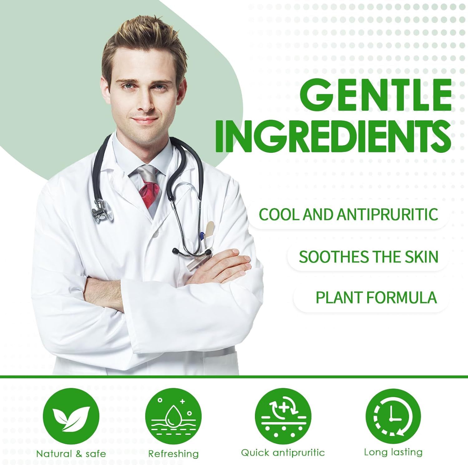 Arzt im weißen Kittel. Text: "Gentle Ingredients". Illustrationen: natürlich & sicher, erfrischend, schnell juckreizstillend, langanhaltend.