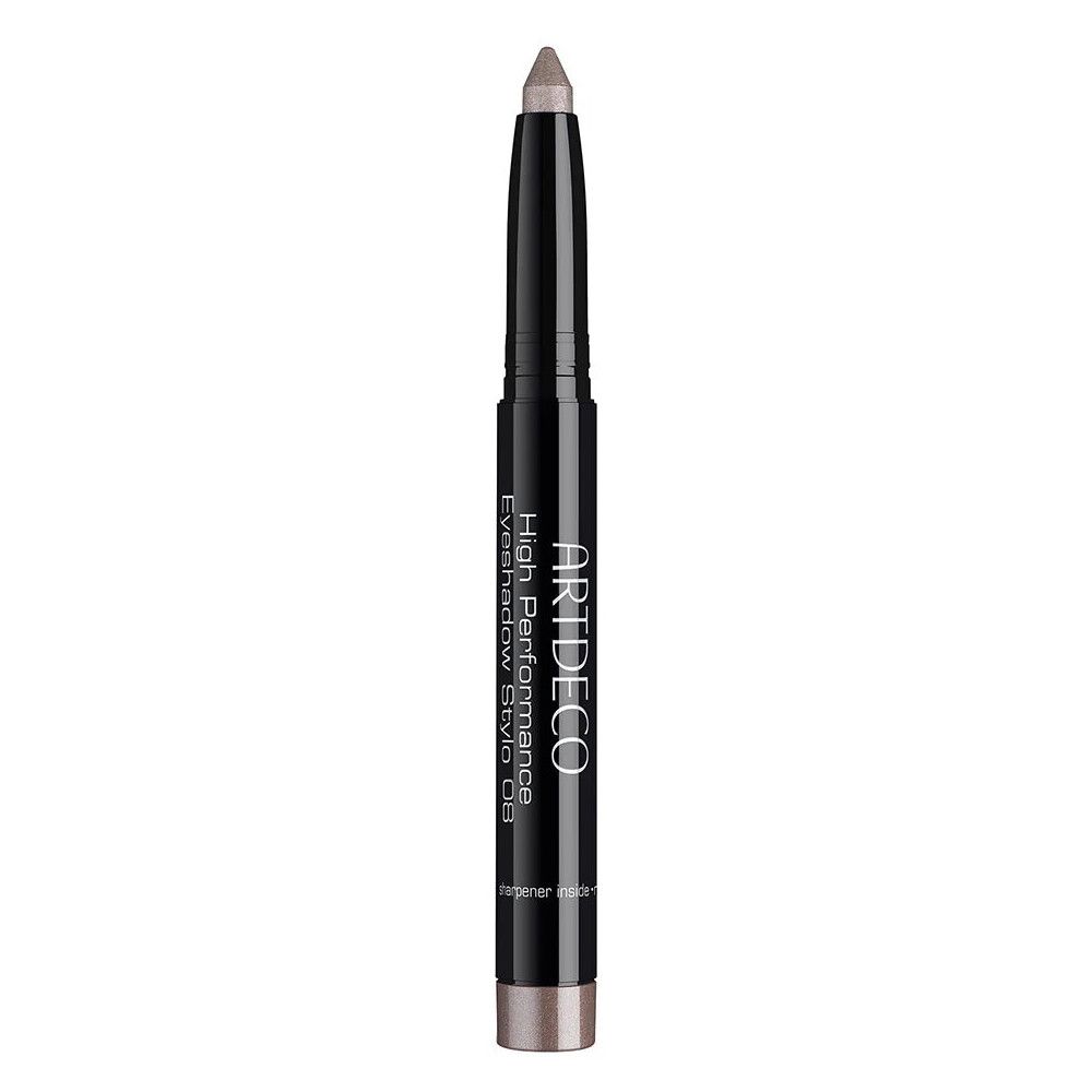 Grauer Artdeco High Performance Lidschatten-Stift. Schwarzer Stift mit silberner Spitze. Produktname und Logo sichtbar.