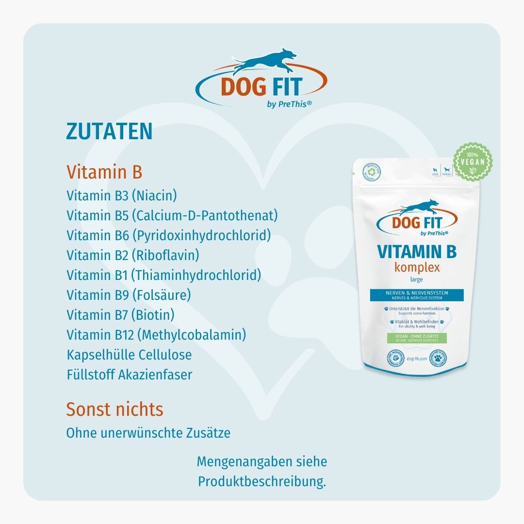 Blauer Hintergrund mit Text und Produktabbildung. Zutatenliste: Vitamin B. Ohne unerwünschte Zusätze. Vegan.