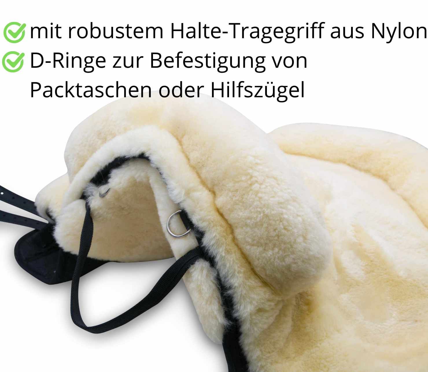 Nahaufnahme des Sattels. D-Ringe zur Befestigung. Text: mit robustem Halte-Tragegriff aus Nylon. D-Ringe zur Befestigung von Packtaschen.