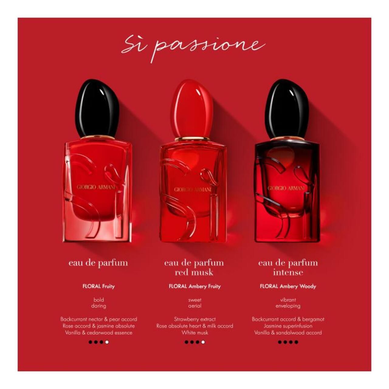 Drei Flakons: Eau de Parfum, Red Musk, Intense. Aufschrift: Si Passione. Beschreibungen darunter.