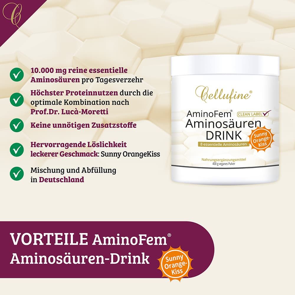Cellufine AminoFem Aminosäuren Drink. Text: 10.000 mg reine essentielle Aminosäuren, hoher Protein-Nutzen, keine unnötigen Zusatzstoffe, leckerer Geschmack.
