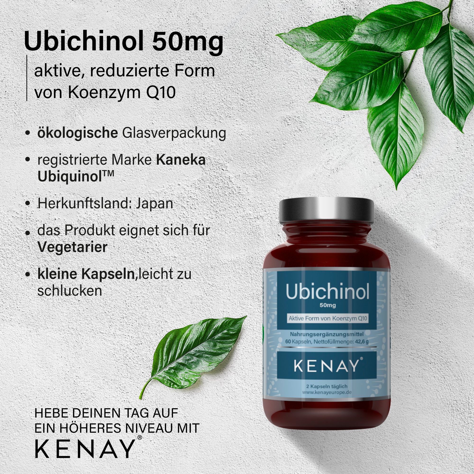 Braune Flasche Ubichinol 50mg. Aktive Form von Koenzym Q10. KENAY-Marke. Ökologische Glasverpackung. Vegetarisch.
