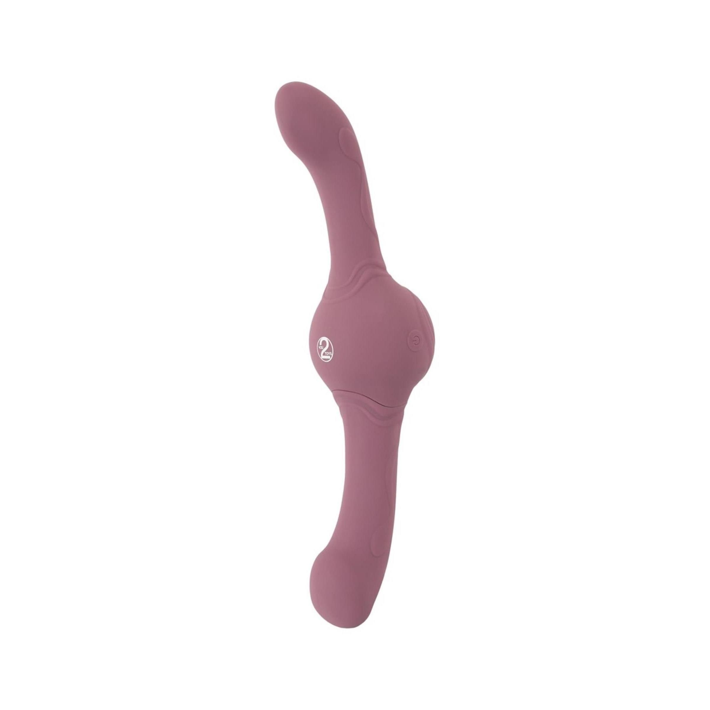 Rosa Vibrator mit zwei Enden und einem runden Mittelteil. Das Produkt hat das Logo "2".