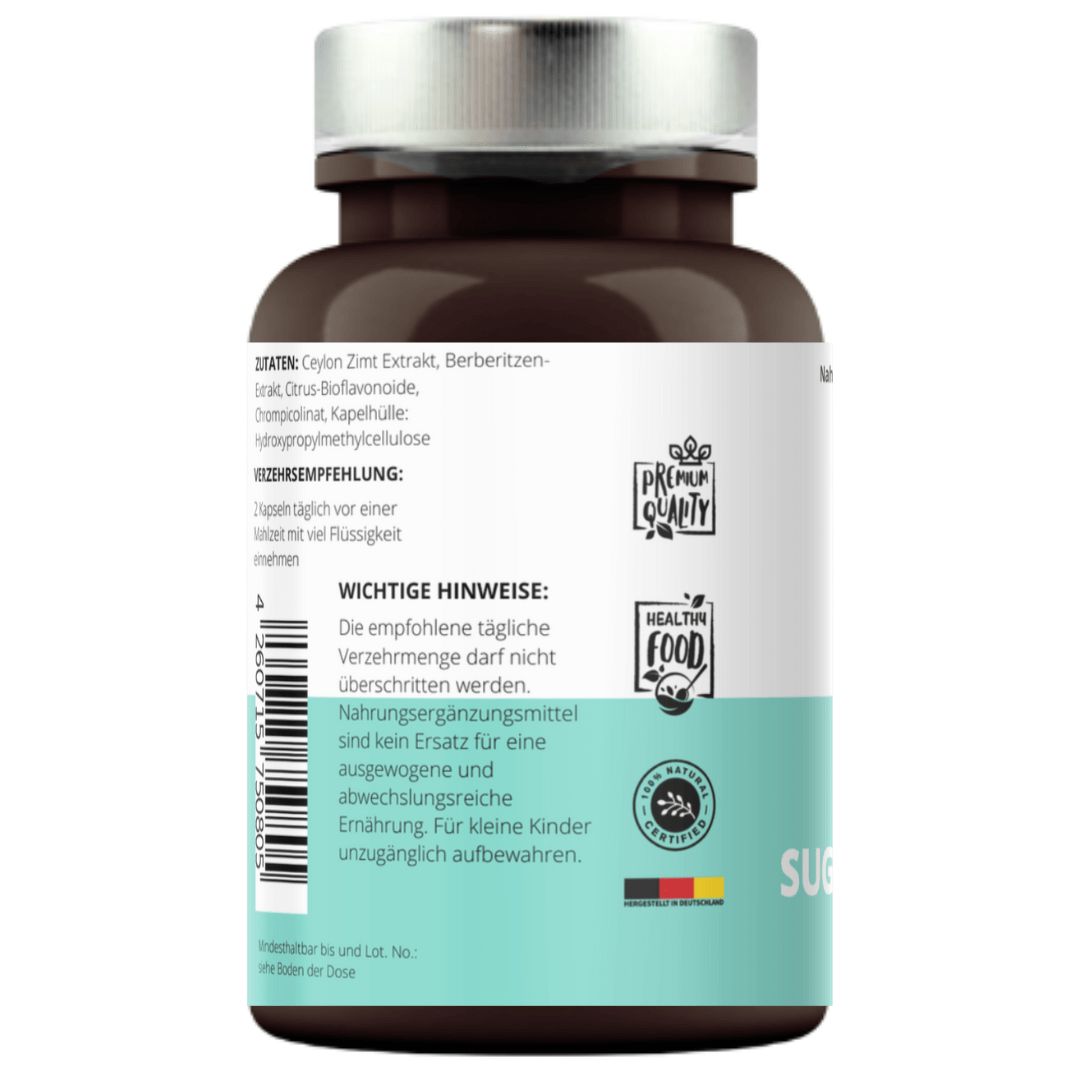 Braune Flasche mit weißem Etikett. Aufschrift: Inhaltsstoffe, wichtige Hinweise, Premium Quality, Healthy Food, 100% Natural. Logo: VitaminFuchs.