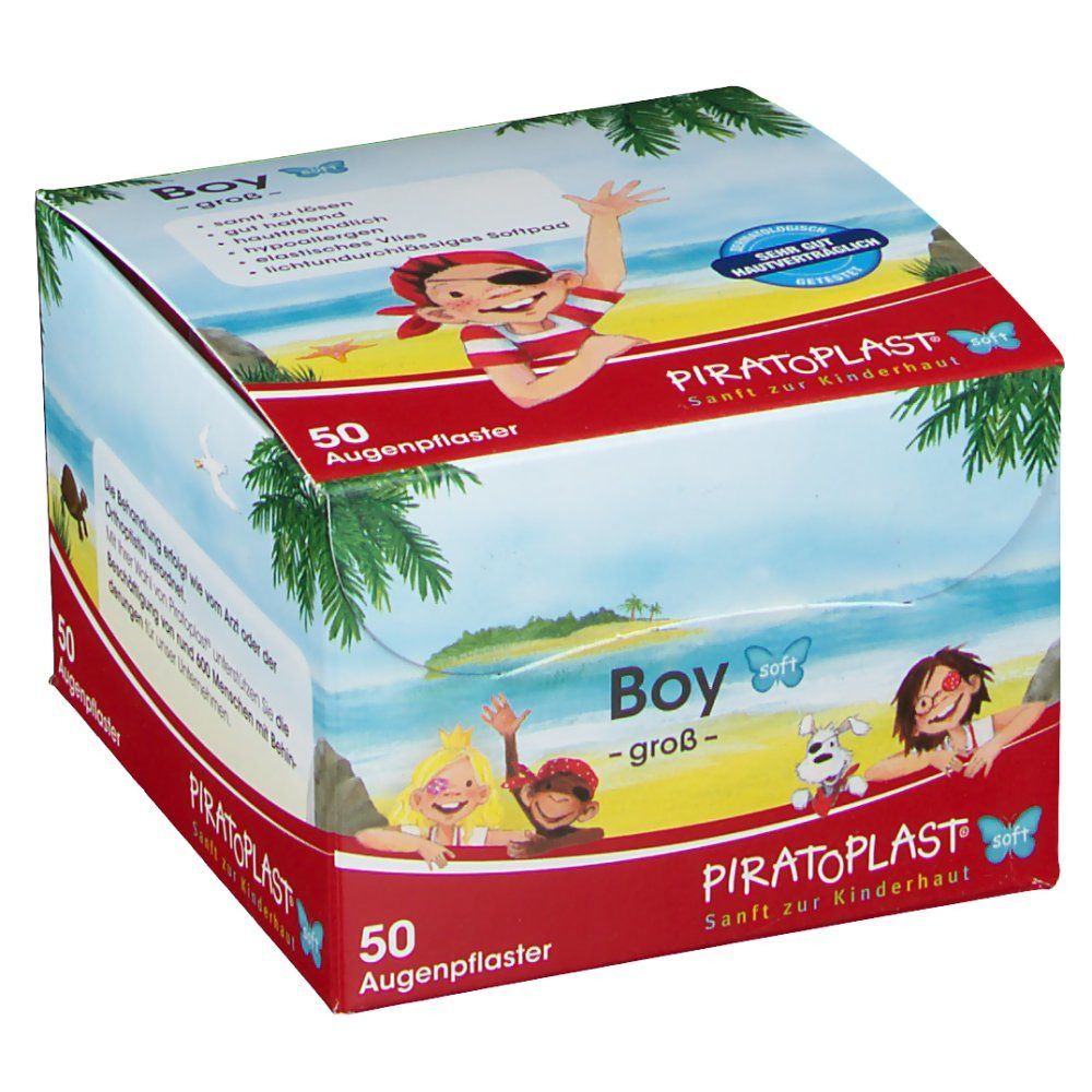 Pappschachtel mit Augenpflastern. Aufdruck: PIRATOPLAST® Boy soft groß. 50 Augenpflaster. Abbildung eines Piratenjungen und Kinder. Logo.