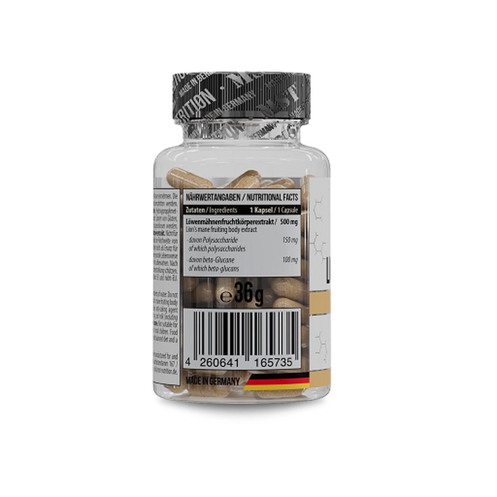 Rückseite der Flasche mit Kapseln. Etikett mit Nährwertangaben. Barcode und Aufschrift: Made in Germany. Gewicht: 36g.