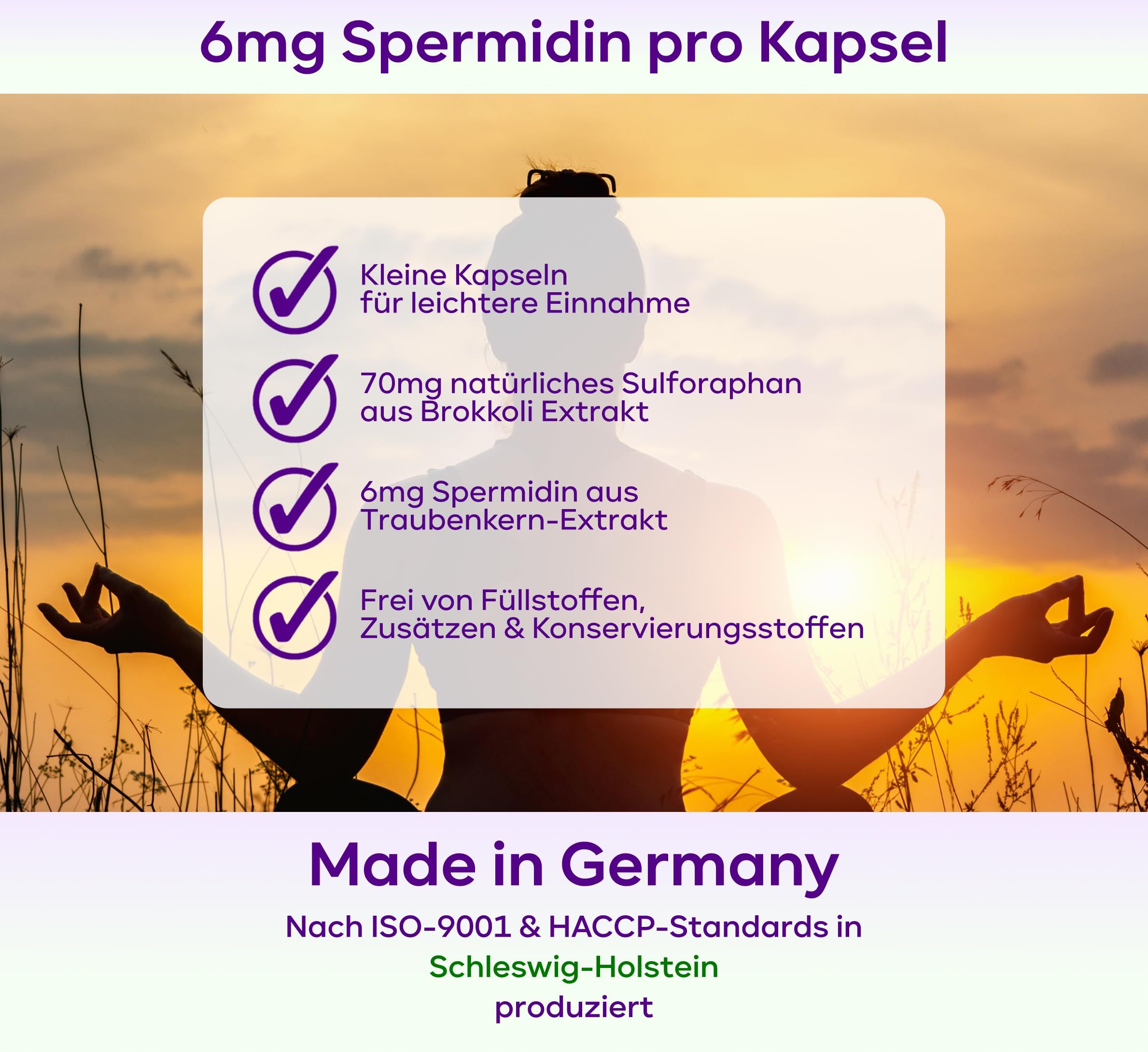 Textfeld mit Informationen: Kleine Kapseln, 70mg natürliches Sulforaphan, 6mg Spermidin, frei von Füllstoffen. Hergestellt nach ISO-9001 & HACCP-Standards.